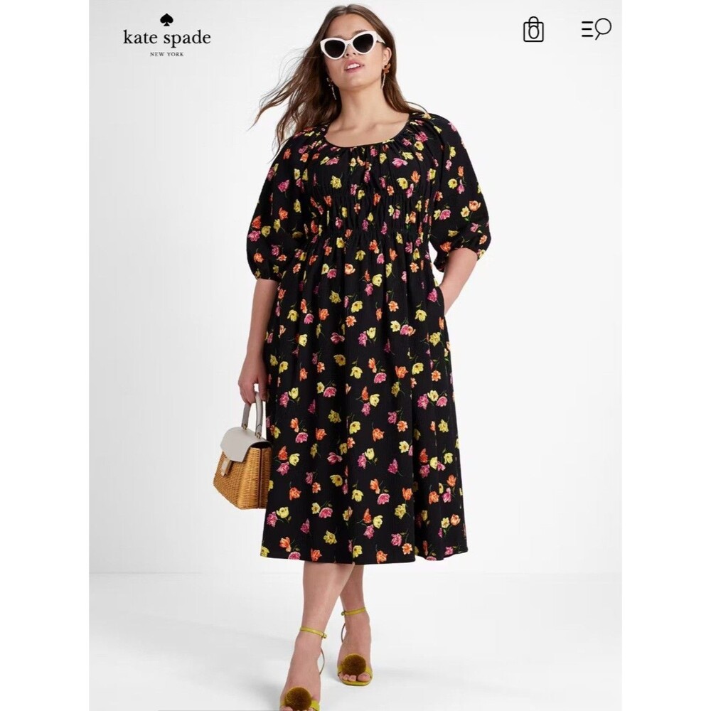 Kate Spade Sz S Tulip Toss Riviera Smocked Midi Dress Black Floral Puff Sleeve
